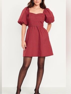 Old Navy Red Plaid Puff-Sleeve Mini Dress